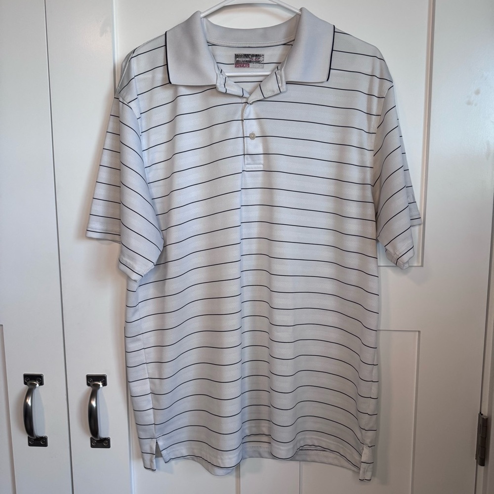 Men's Polo Shirt - White with Black Stripes Size XL Collared With 3 Buttons Golf